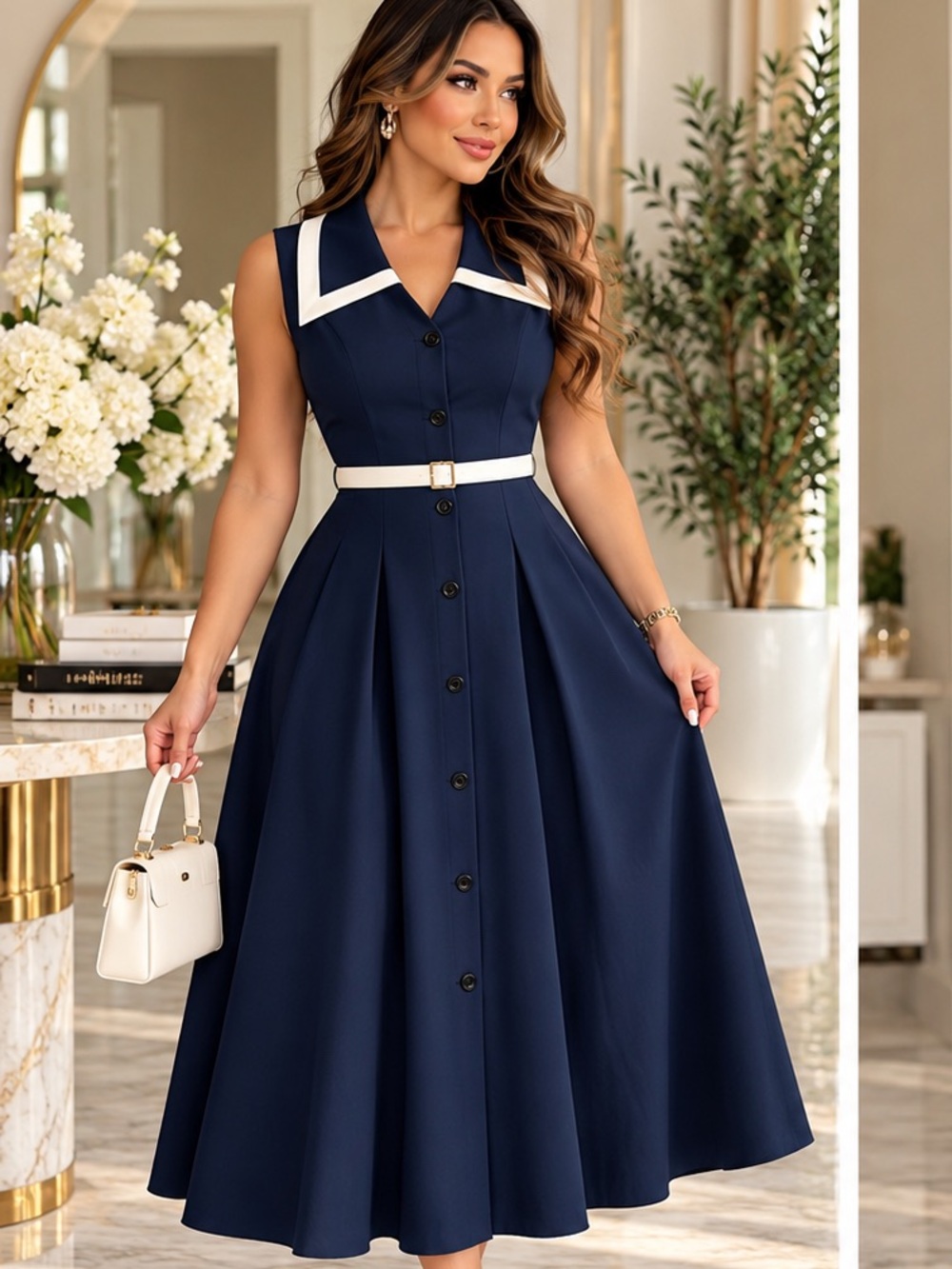 Classic Navy Midi Dress with White Trim and Belt